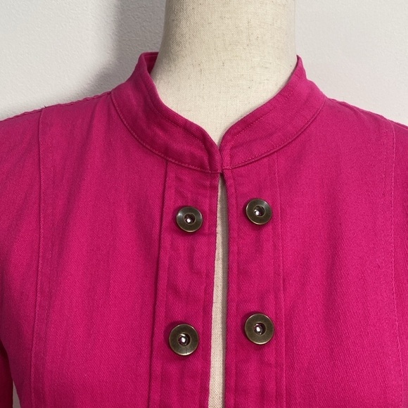 Denim Jacket Open front faux buttons pockets Collarless Fuchsa Women's XS - Picture 3 of 11